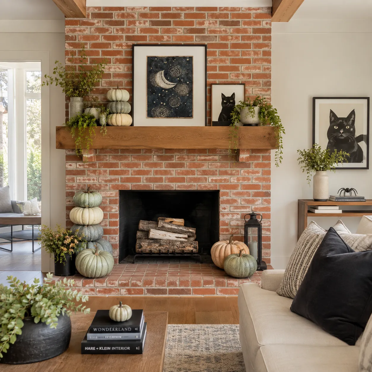 Stacked sage Halloween pumpkins, black cats and celestial artwork on a red brick fireplace Stacked sage Halloween pumpkins, black cats and celestial artwork on a red brick fireplace