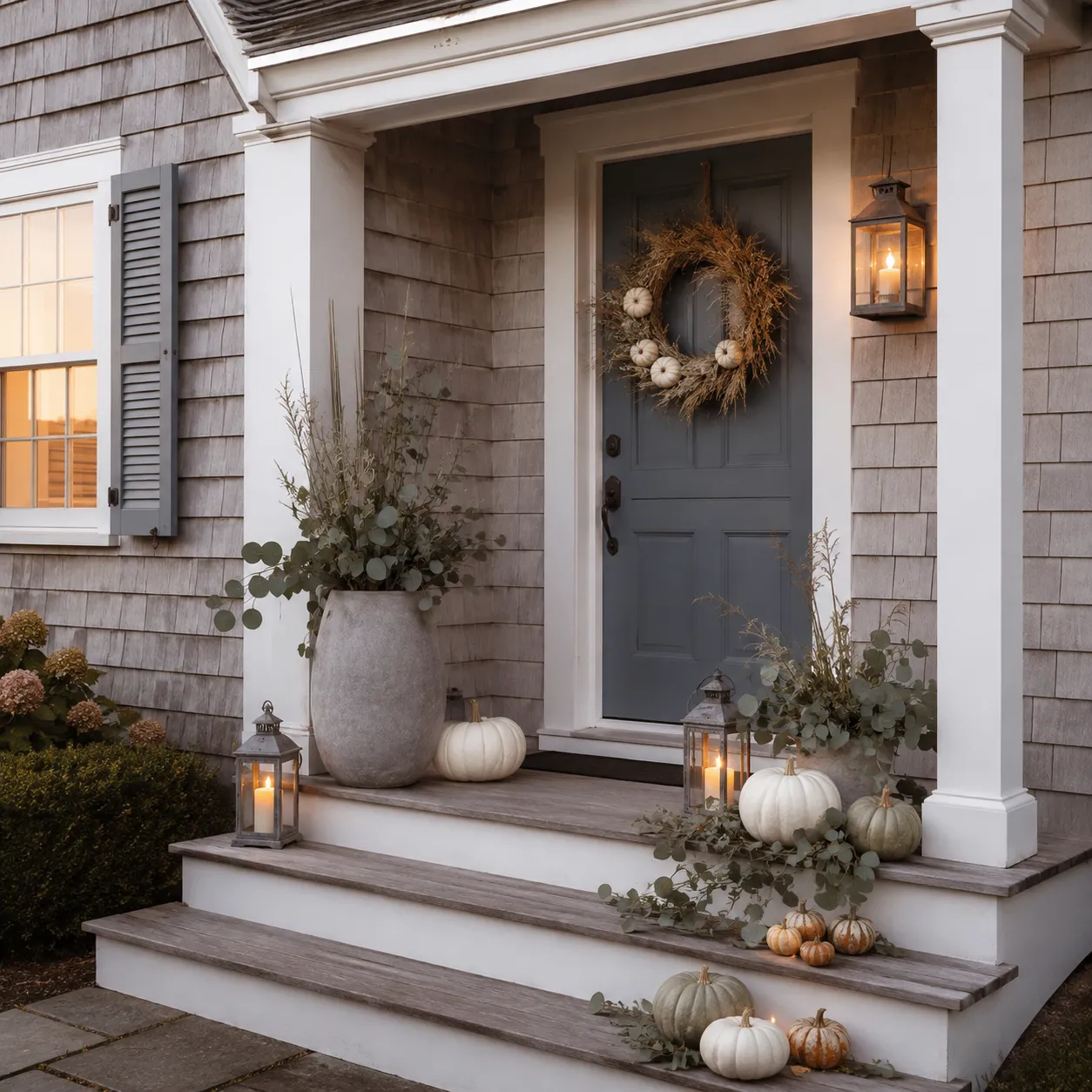 The grey shingles, blue-grey door, pale stone pots and white trim already establish a muted palette for Halloween decations The grey shingles, blue-grey door, pale stone pots and white trim already establish a muted palette for Halloween decations