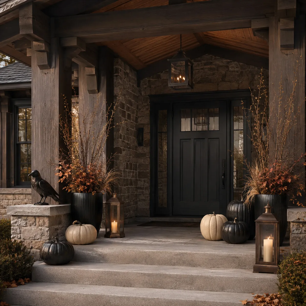 This porch idea uses texture and silhouette rather than decorative color to establish Halloween This porch idea uses texture and silhouette rather than decorative color to establish Halloween
