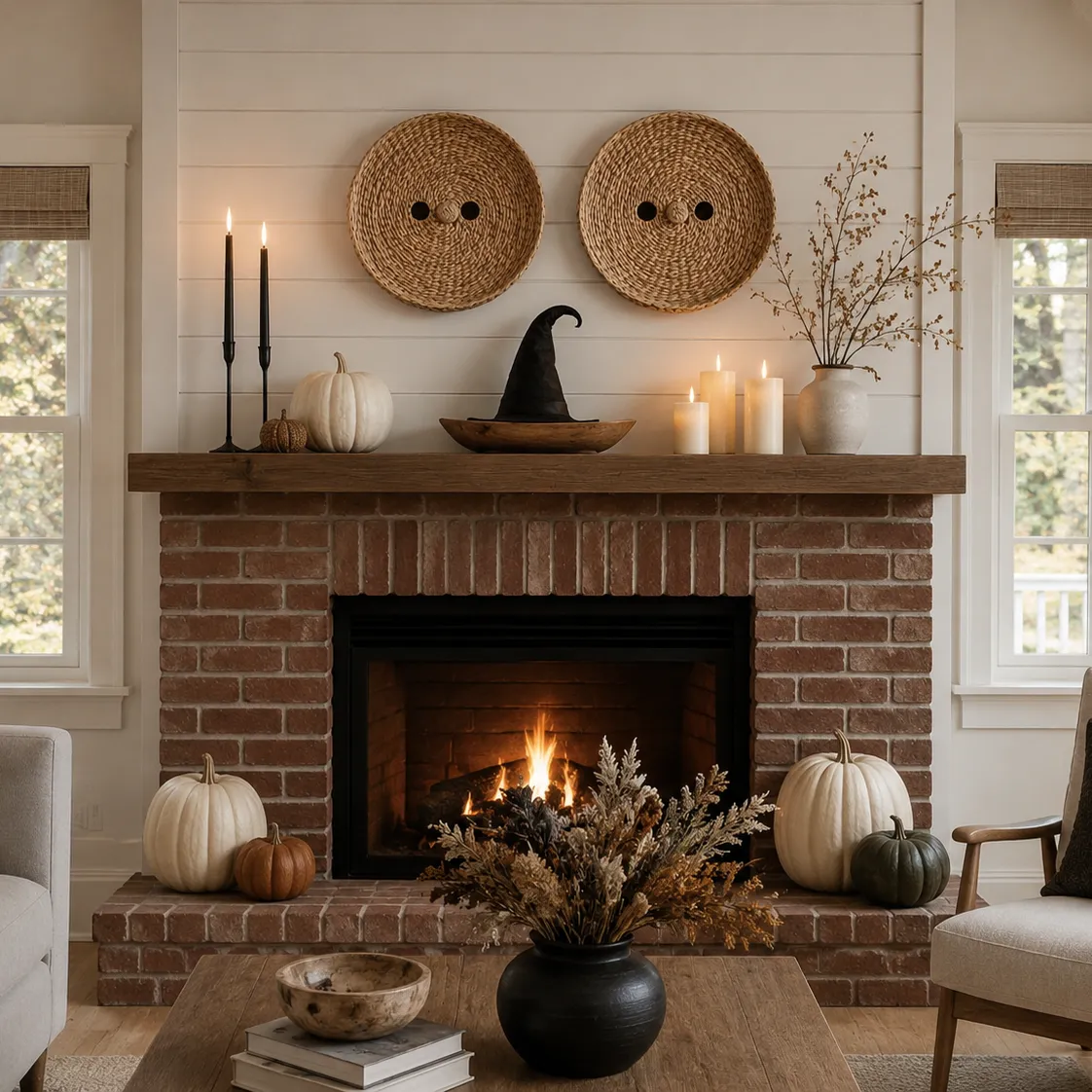 Woven basket eyes, witch hat, cream pumpkins and candle clusters decorate a red brick fireplace for Halloween Woven basket eyes, witch hat, cream pumpkins and candle clusters decorate a red brick fireplace for Halloween