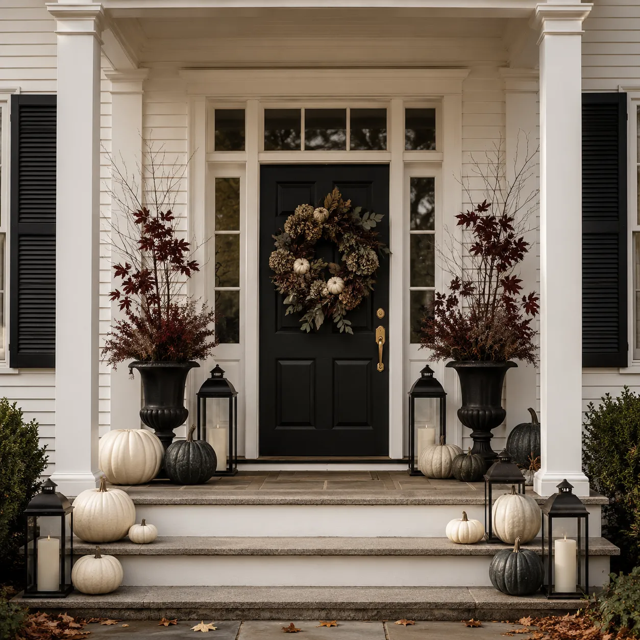 high-contrast Halloween decorating built around the architecture's existing black-and-white palette high-contrast Halloween decorating built around the architecture's existing black-and-white palette